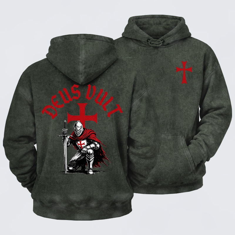 Washed Hoodie - Templar Knight Crusader Deus Vult
