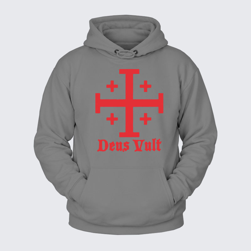 Plush Fleece-Lined Hoodie - Jerusalem Cross Deus Vult