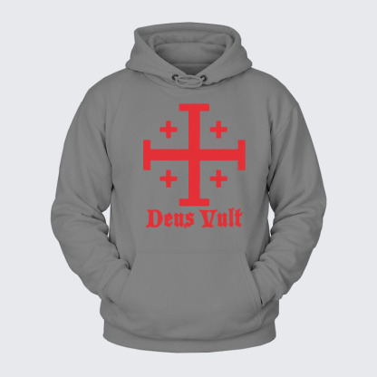 Plush Fleece-Lined Hoodie - Jerusalem Cross Deus Vult