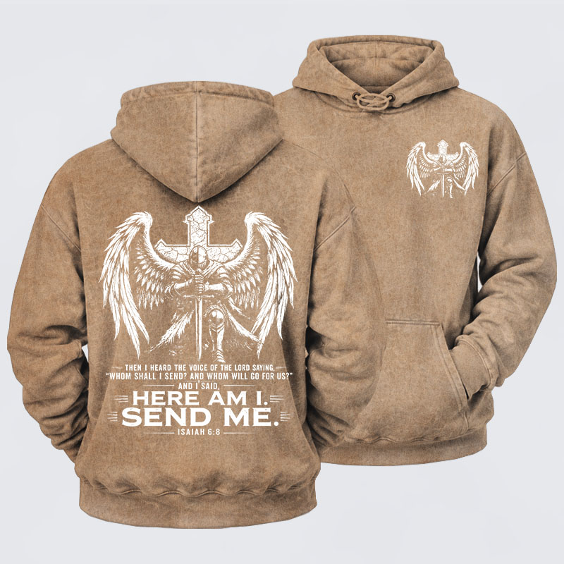 Washed Hoodie -   Here I Am Send Me Isaiah 6:8 Knight Templar Crusader