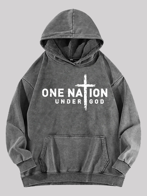 One Nation Under God Cross Jesus God Christian Washed Hoodie