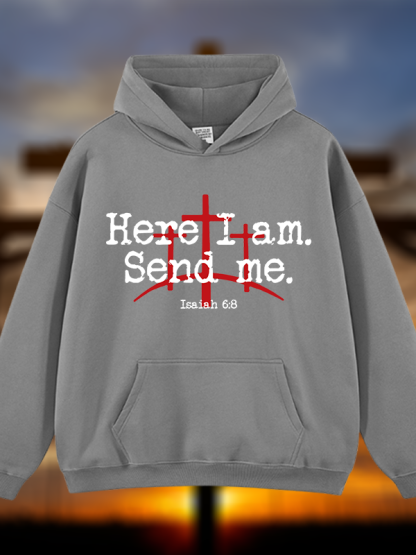 Here I Am Send Me - Bible Verse Isaiah 6:8  Jesus God Christian Plush Fleece-Lined Hoodie
