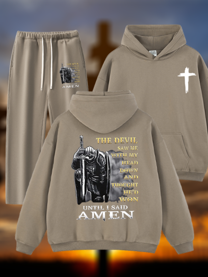 The Devil Saw Me with My Head Down and Thought He'd Won Until I Said Amen  Jesus God Christian Plush Fleece-Lined Hoodie Set
