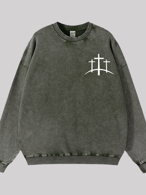 Cross Printed Jesus God Christian Washed Sweatshirt