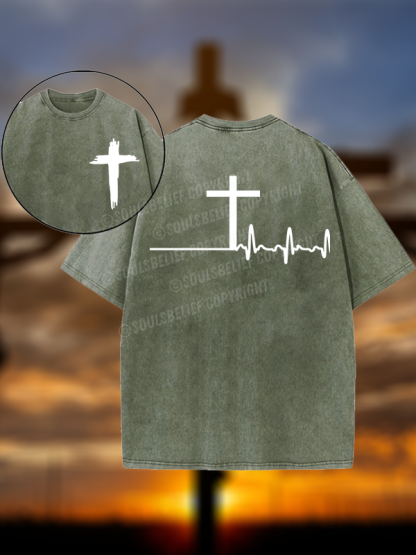 ECG Cross Christian Washed T-Shirt