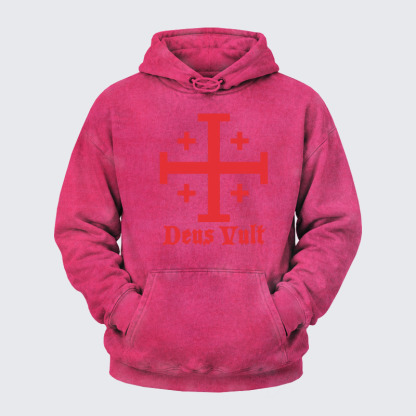 Washed Hoodie - Jerusalem Cross Deus Vult