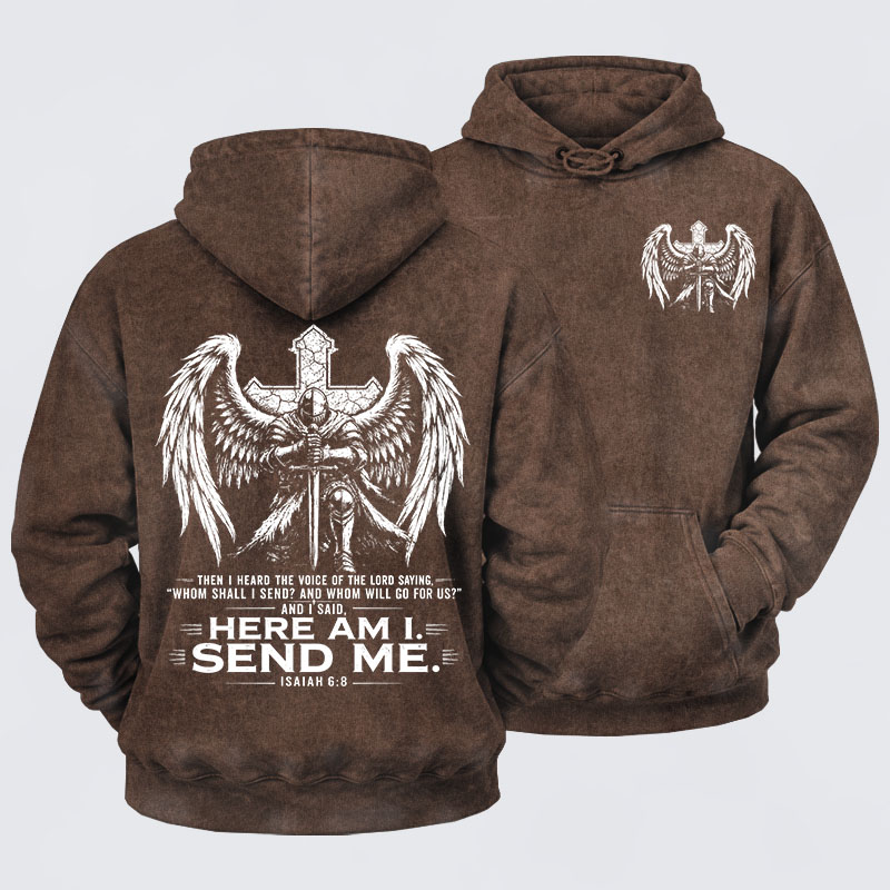 Washed Hoodie -   Here I Am Send Me Isaiah 6:8 Knight Templar Crusader