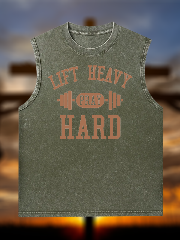 Lift Heavy Pray Hard Jesus God Christian Washed Tank