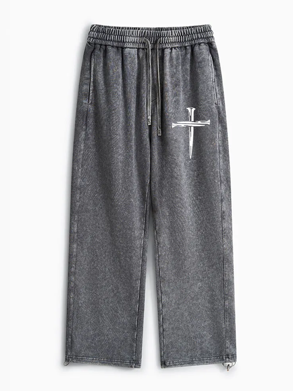 Cross Printed Jesus God Christian Washed Sweatpants