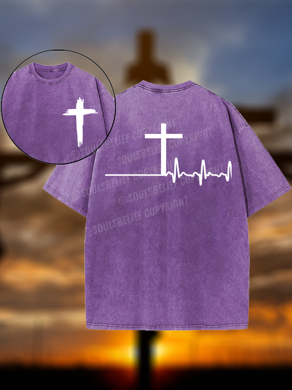 ECG Cross Christian Washed T-Shirt