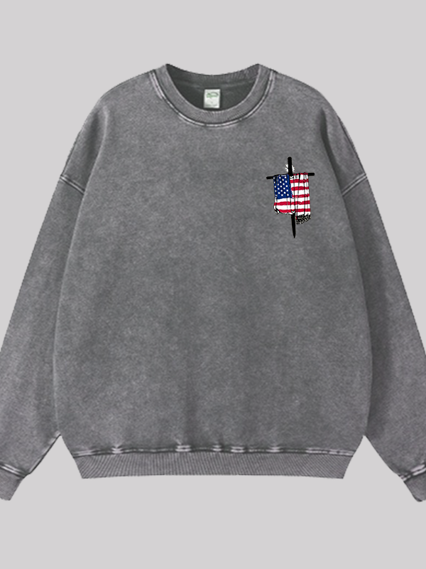 Faith Flag Cross Print  Jesus God Christian Washed Sweatshirt