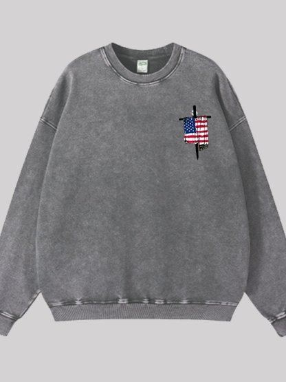 Faith Flag Cross Print  Jesus God Christian Washed Sweatshirt