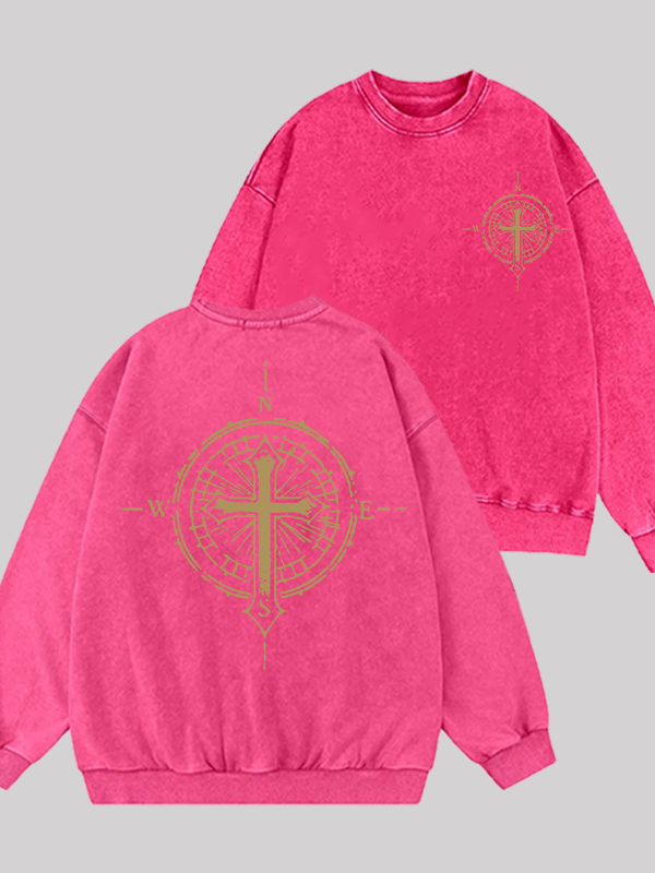 [Cross Compass Jesus God Christian Washed Sweatshirt