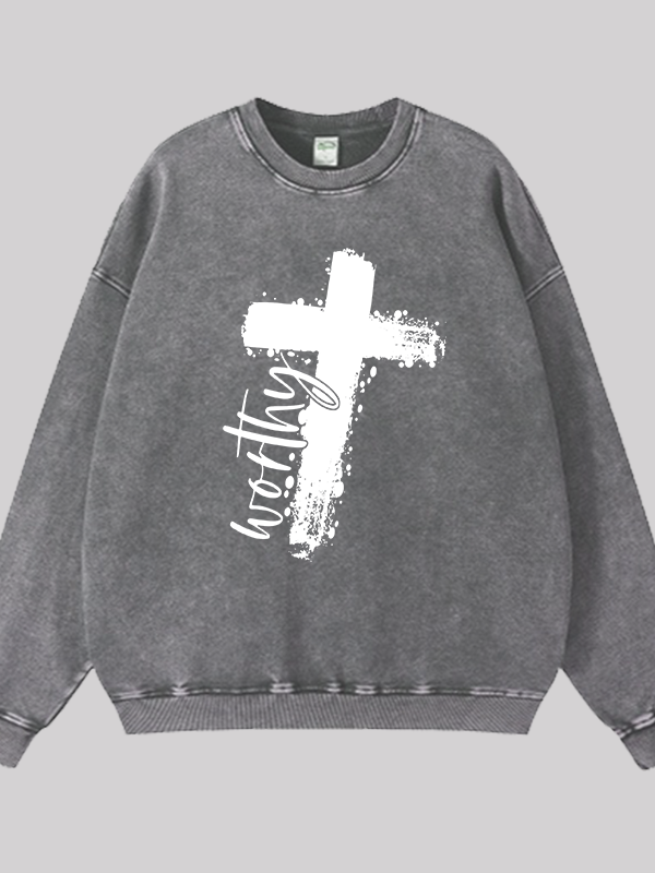 Worthy Cross Print  Jesus God Christian Washed Sweatshirt