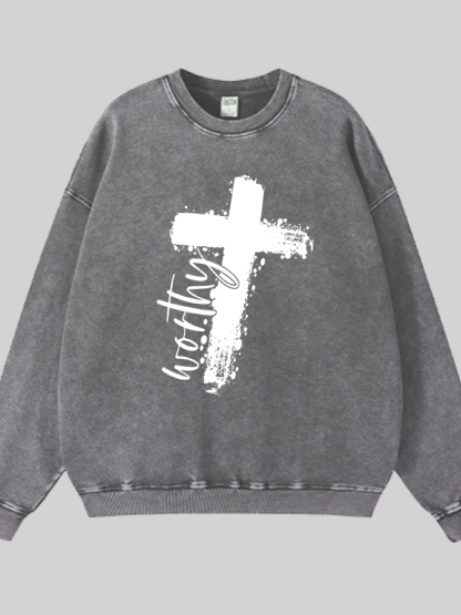 Worthy Cross Print  Jesus God Christian Washed Sweatshirt