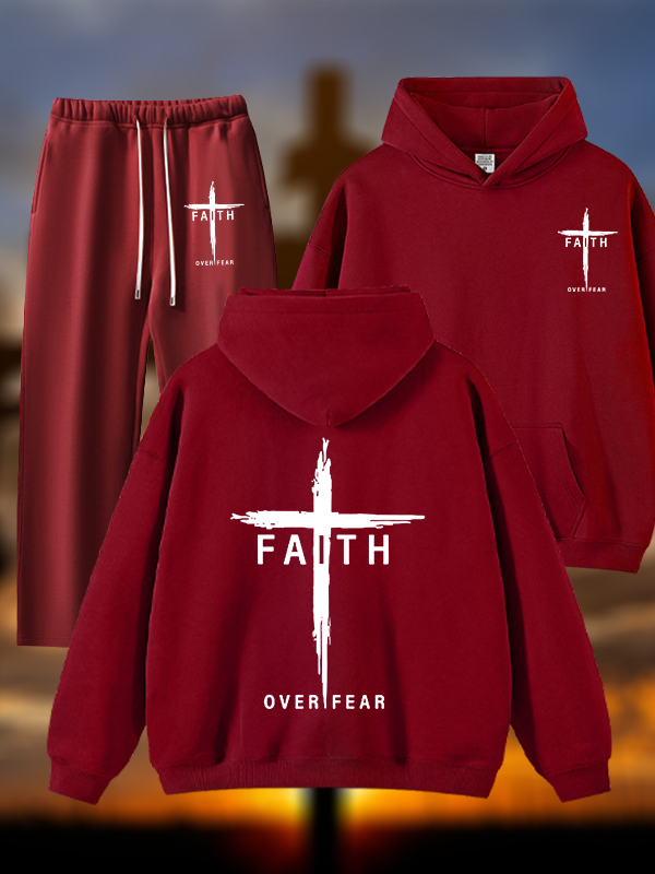 Faith Over Fear Cross Jesus God Christian Plush Fleece-Lined Hoodie Set