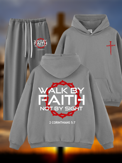 Walk By Faith Not By Sight 2 Corinthians 5:7 Cross  Jesus God Christian Plush Fleece-Lined Hoodie Set
