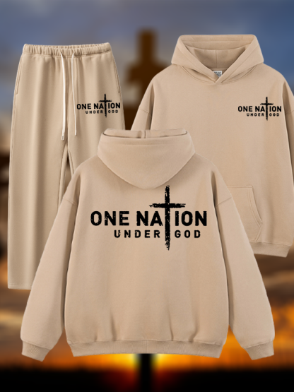 One Nation Under God Cross Jesus God Christian Plush Fleece-Lined Hoodie Set