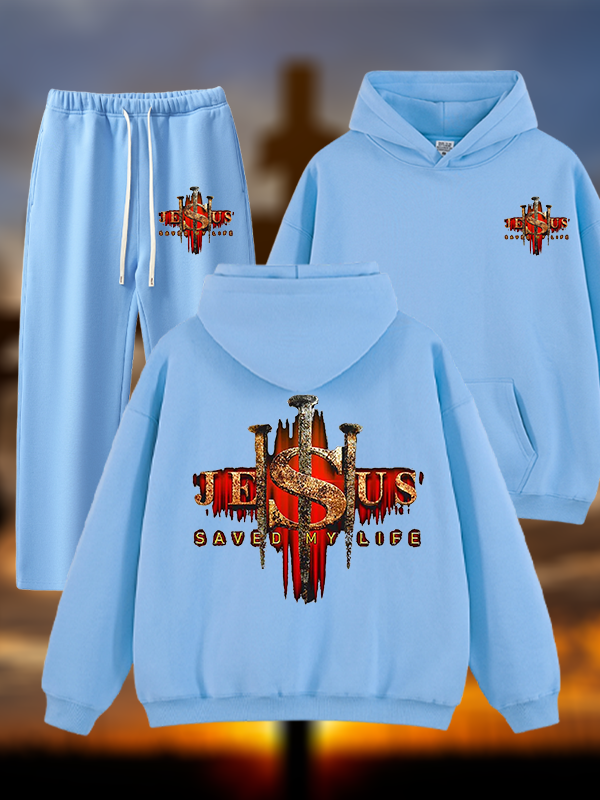 Jesus Saved My Life Jesus God Christian Plush Fleece-Lined Hoodie Set