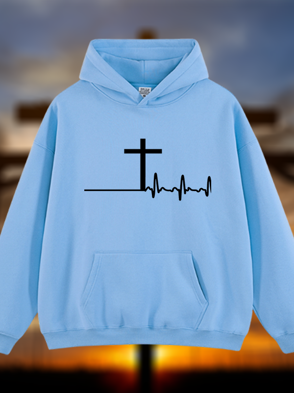 ECG Cross Jesus God Christian Plush Fleece-Lined Hoodie
