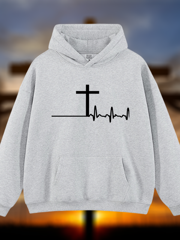 ECG Cross Jesus God Christian Plush Fleece-Lined Hoodie