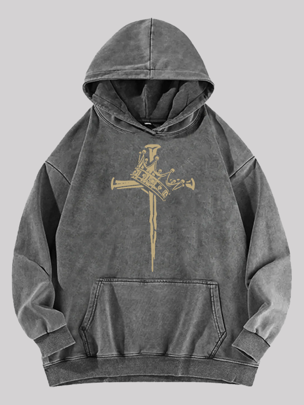 Cross Crown Jesus God Christian Washed Hoodie