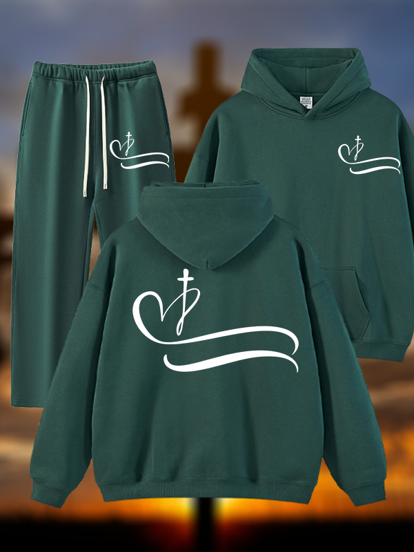 Heart Cross Jesus God Christian Plush Fleece-Lined Hoodie Set
