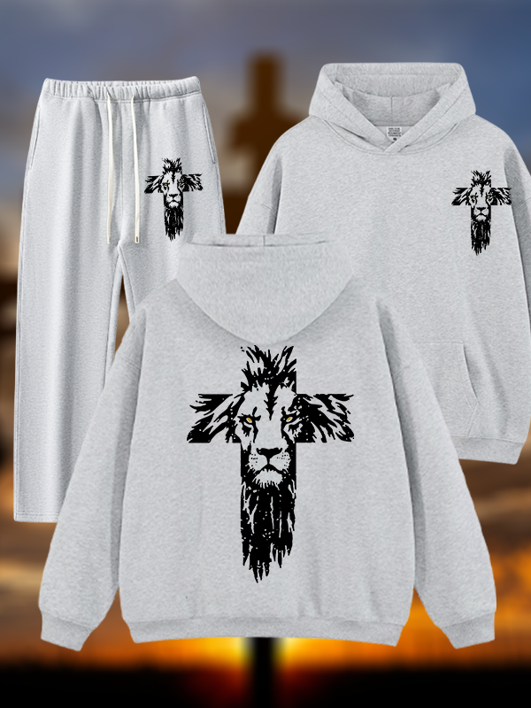 Lion Cross Jesus God Christian Plush Fleece-Lined Hoodie Set
