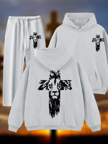 Lion Cross Jesus God Christian Plush Fleece-Lined Hoodie Set