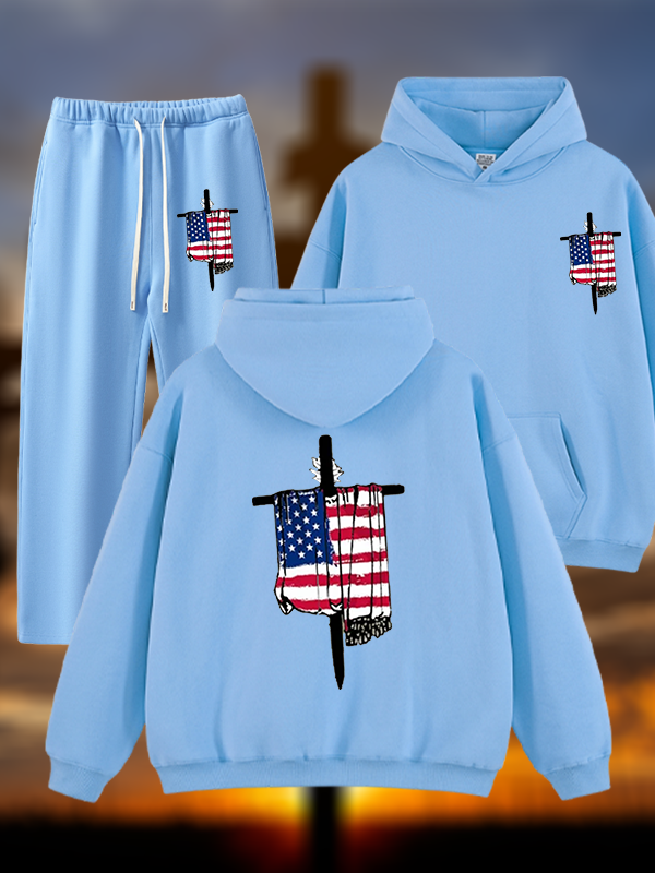 Faith Flag Cross Print Jesus God Christian Plush Fleece-Lined Hoodie Set