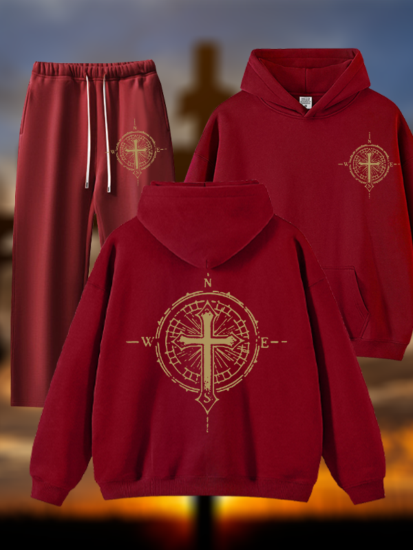 Cross Compass Jesus God Christian Plush Fleece-Lined Hoodie Set