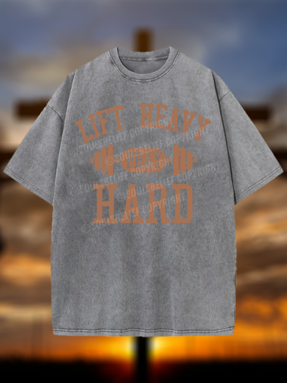 Lift Heavy Pray Hard Jesus God Christian Washed T-Shirt