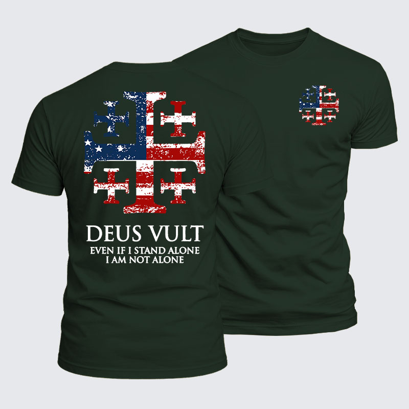 Luxe Mercerized Cotton Tee - Deus Vult Jerusalem Cross Usa Flag Jerusalem Cross Even If I Stand Alone, I Am Not Alone
