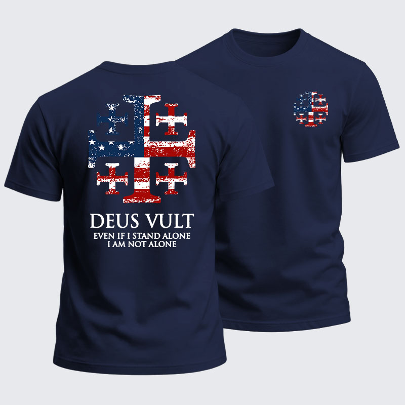 Heavyweight Cotton Tee -  Deus Vult Jerusalem Cross Usa Flag Even If I Stand Alone, I Am Not Alone