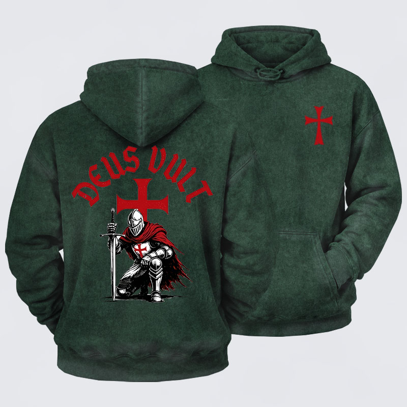 Washed Hoodie - Templar Knight Crusader Deus Vult