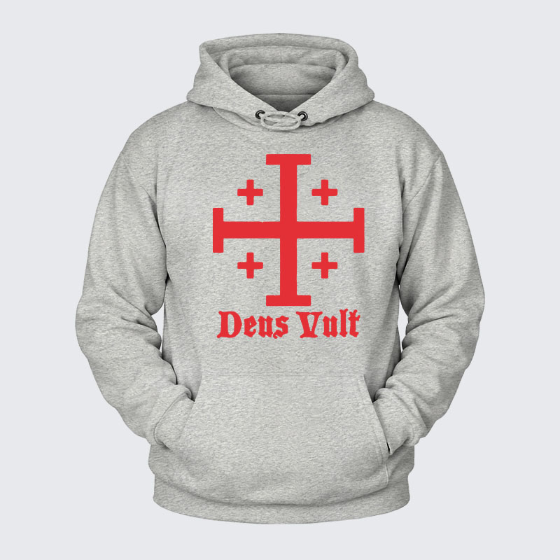 Plush Fleece-Lined Hoodie - Jerusalem Cross Deus Vult