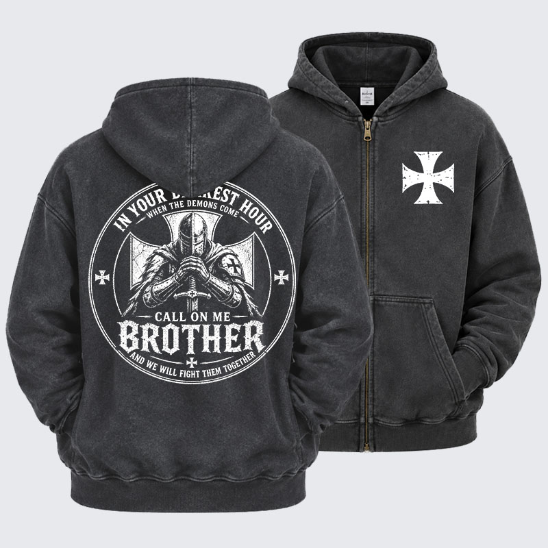Washed Zip-Up Hoodie - Call On Me Brother – Knights of Faith
