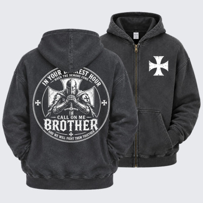 Washed Zip-Up Hoodie - Call On Me Brother – Knights of Faith