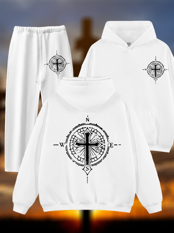Cross Compass Jesus God Christian Plush Fleece-Lined Hoodie Set