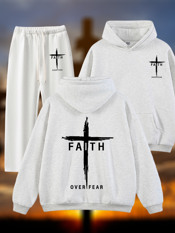 Faith Over Fear Cross Jesus God Christian Plush Fleece-Lined Hoodie Set