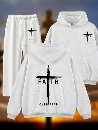 Faith Over Fear Cross Jesus God Christian Plush Fleece-Lined Hoodie Set