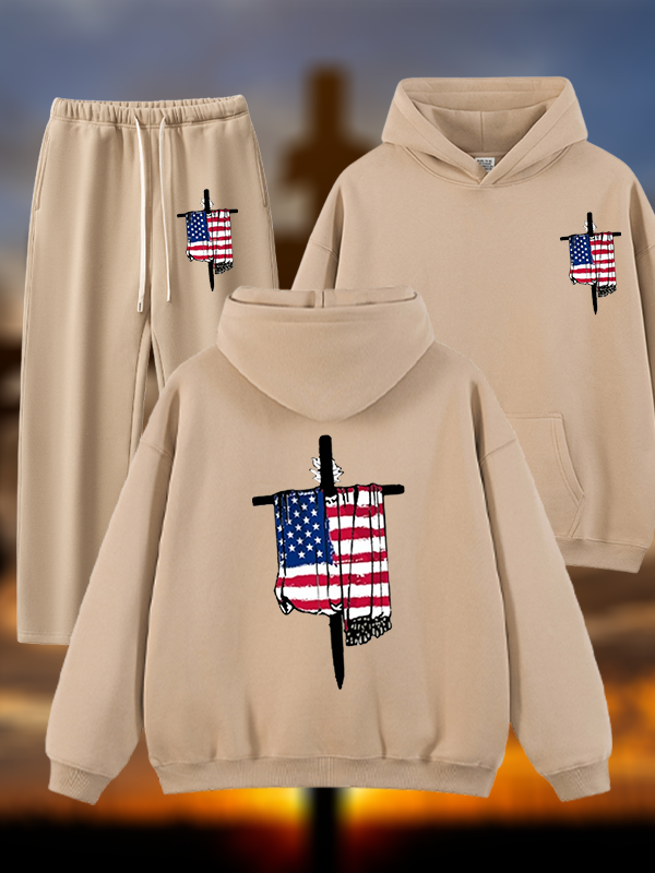 Faith Flag Cross Print Jesus God Christian Plush Fleece-Lined Hoodie Set