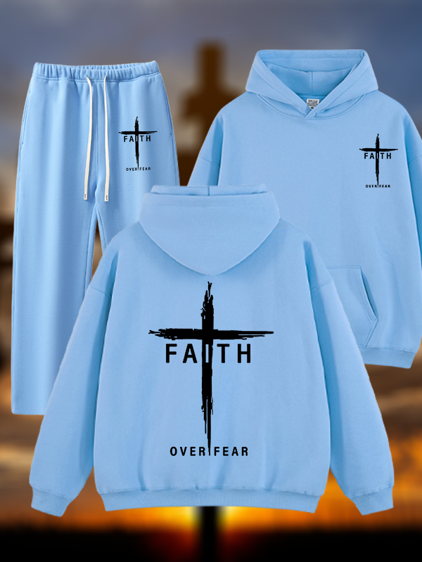 Faith Over Fear Cross Jesus God Christian Plush Fleece-Lined Hoodie Set