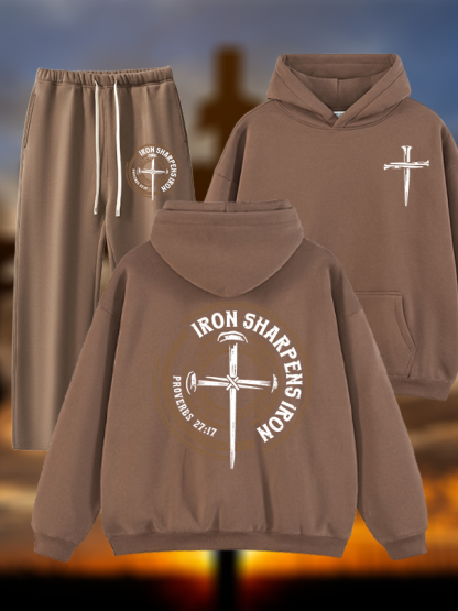Iron Sharpens Iron - Proverbs 27:17  Jesus God Christian Plush Fleece-Lined Hoodie Set