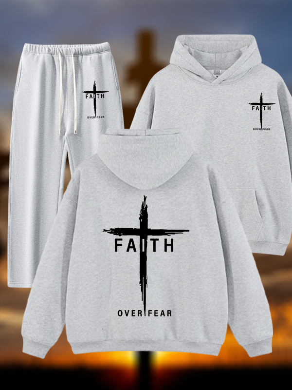 Faith Over Fear Cross Jesus God Christian Plush Fleece-Lined Hoodie Set