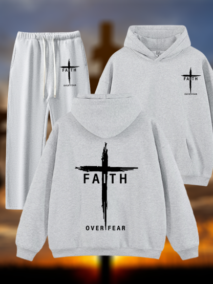 Faith Over Fear Cross Jesus God Christian Plush Fleece-Lined Hoodie Set