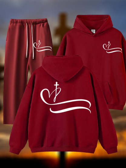Heart Cross Jesus God Christian Plush Fleece-Lined Hoodie Set
