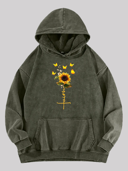 Sunflower Faith Religious Jesus God Christian Washed Hoodie