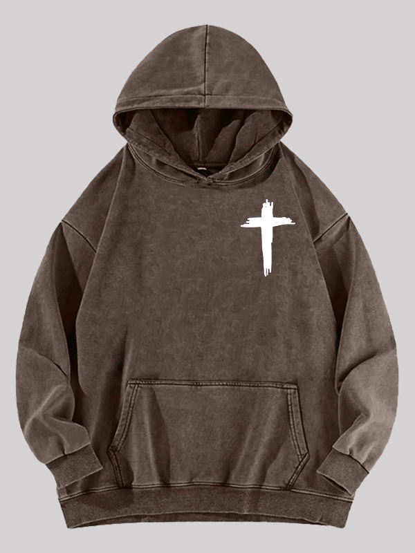 Cross Printed Washed Hoodie