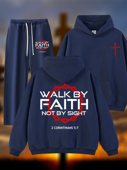 Walk By Faith Not By Sight 2 Corinthians 5:7 Cross  Jesus God Christian Plush Fleece-Lined Hoodie Set